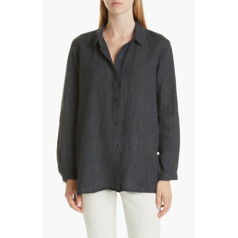 Eileen Fisher Womens Size XL Organic Linen Shirt Black Relaxed Fit Langenlook
